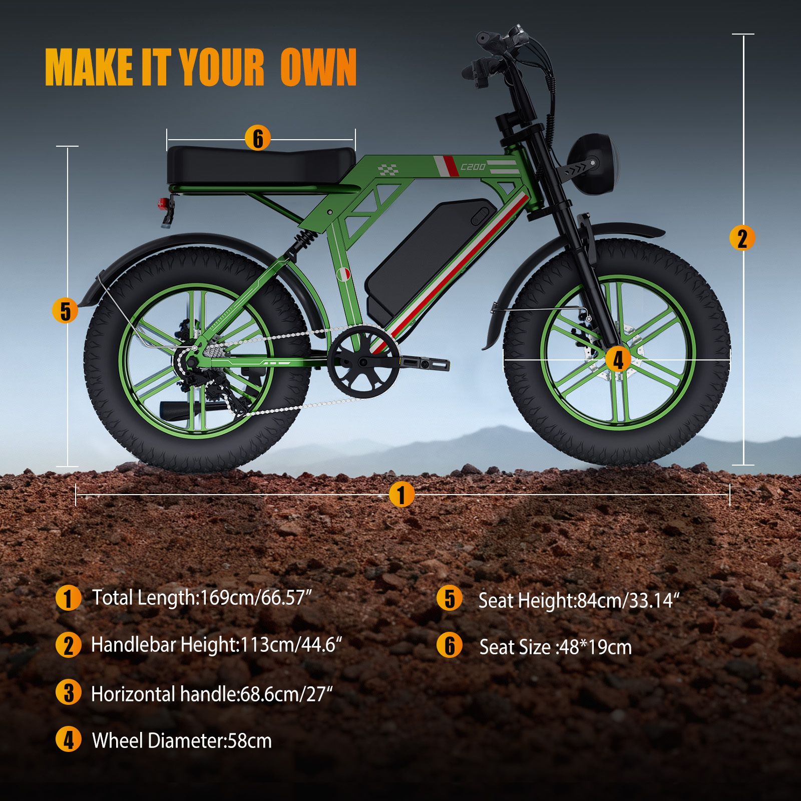 E-bike con misure: lunghezza totale, altezza manubrio, manubrio orizzontale, diametro ruota, altezza sella, dimensioni sella.