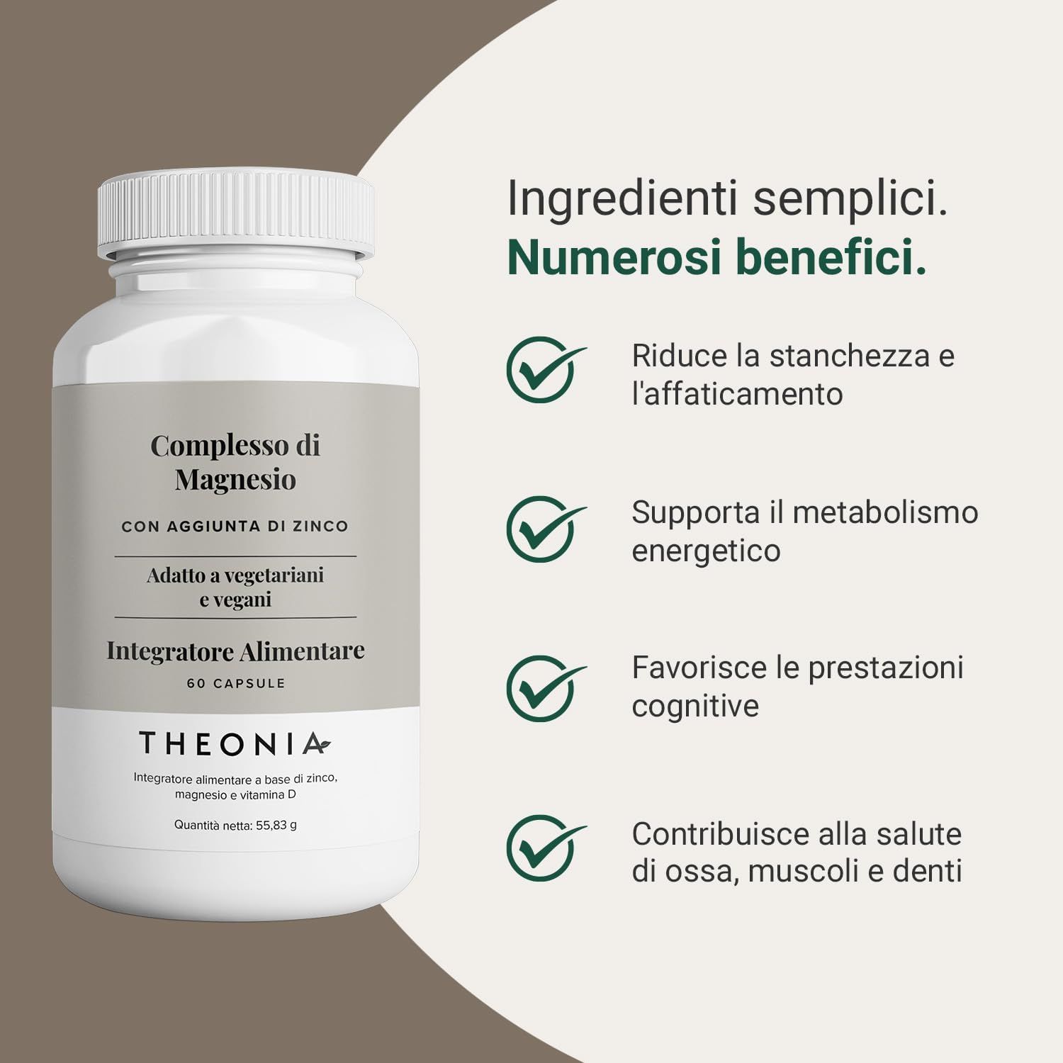 Flacone bianco di capsule. Testo: "Compleesso di Magnesio", "60 Capsule", "THEONIA". Vantaggi: Riduce la stanchezza, supporta il metabolismo, favorisce la cognizione.
