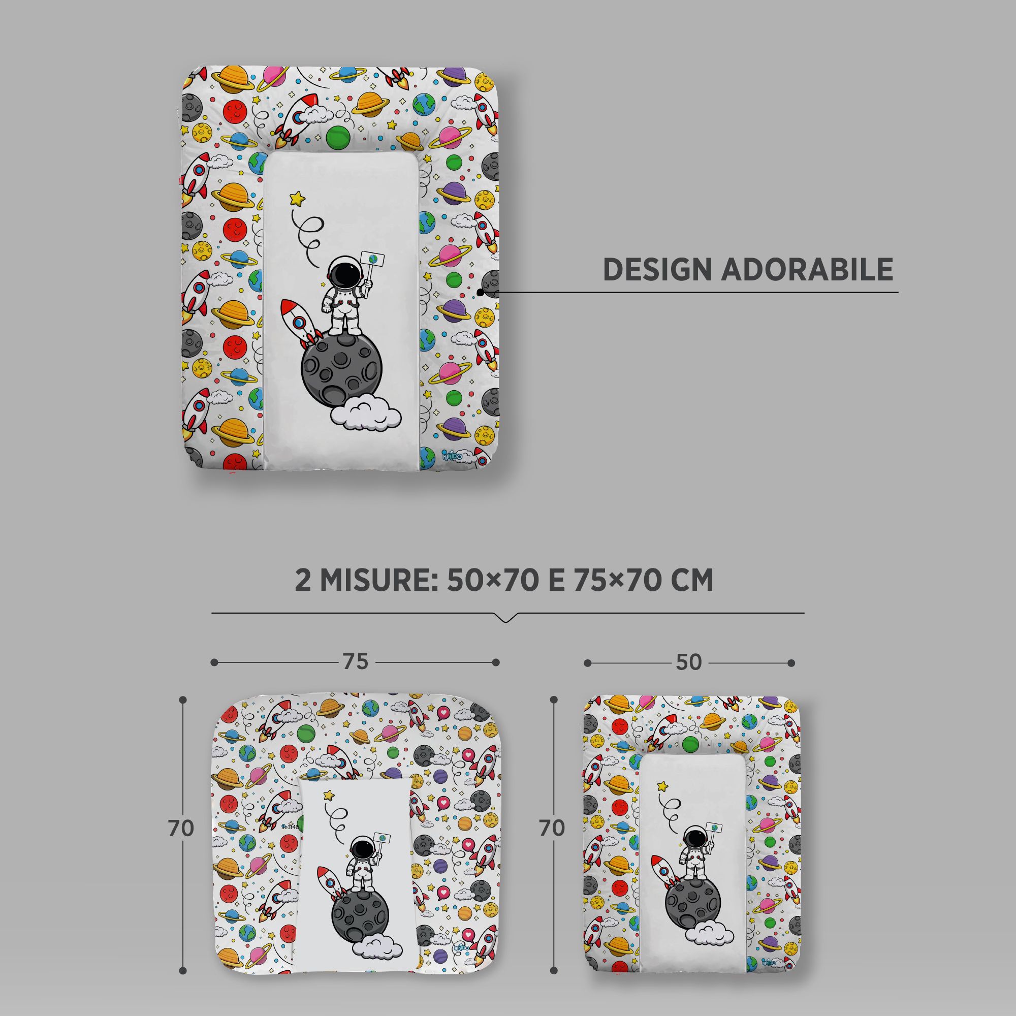 Due misure di fasciatoio: 50x70cm e 75x70cm. Design spaziale con astronauta, razzi, pianeti. Dimensioni.