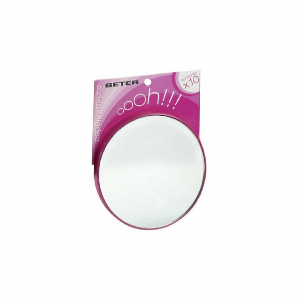 Specchio rotondo con ventosa, confezionato. Marchio Beter, confezione rosa con "ooh!!!" e "x10".