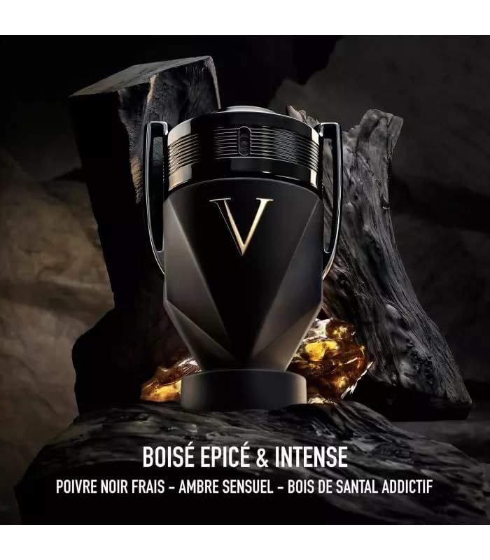 Flacone nero con "V" dorata, posto su sfondo scuro. Testo: Boisé Épicé & Intense. Parfum.