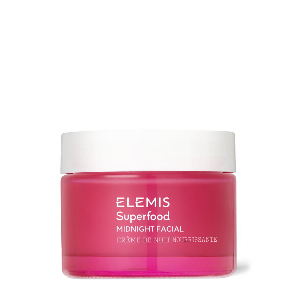 Vaso rotondo con coperchio bianco e vetro rosa. Scritta: Elemis Superfood Midnight Facial.