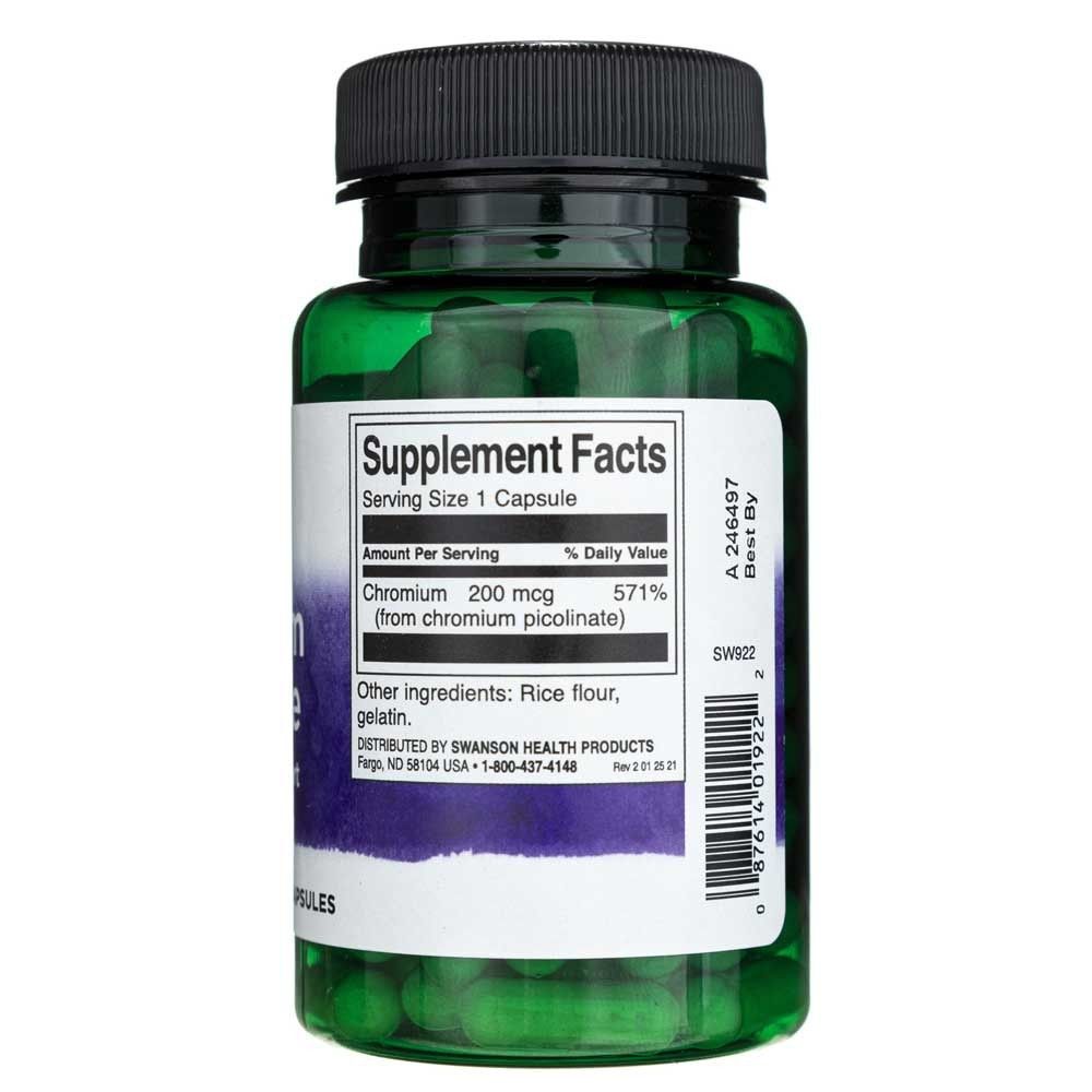 Retro della bottiglia Swanson Chromium Picolinate con informazioni nutrizionali.