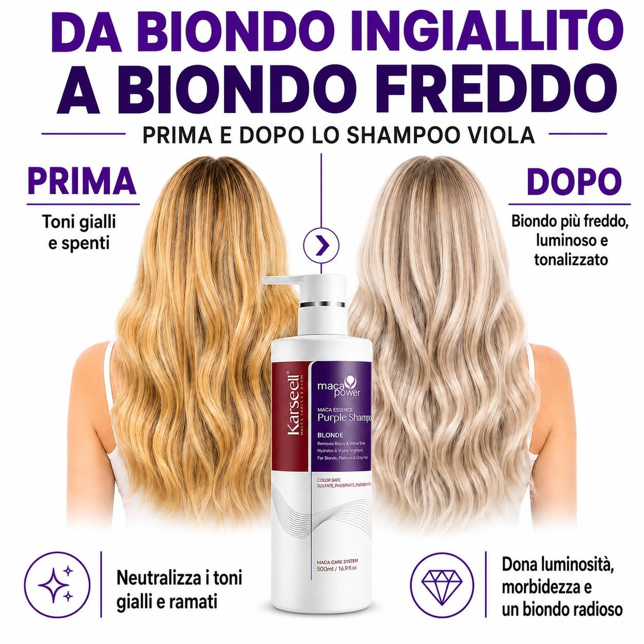 KARSEELL Shampoo Viola Antigiallo Professionale Capelli Biondi Platino Grigi Decolorati