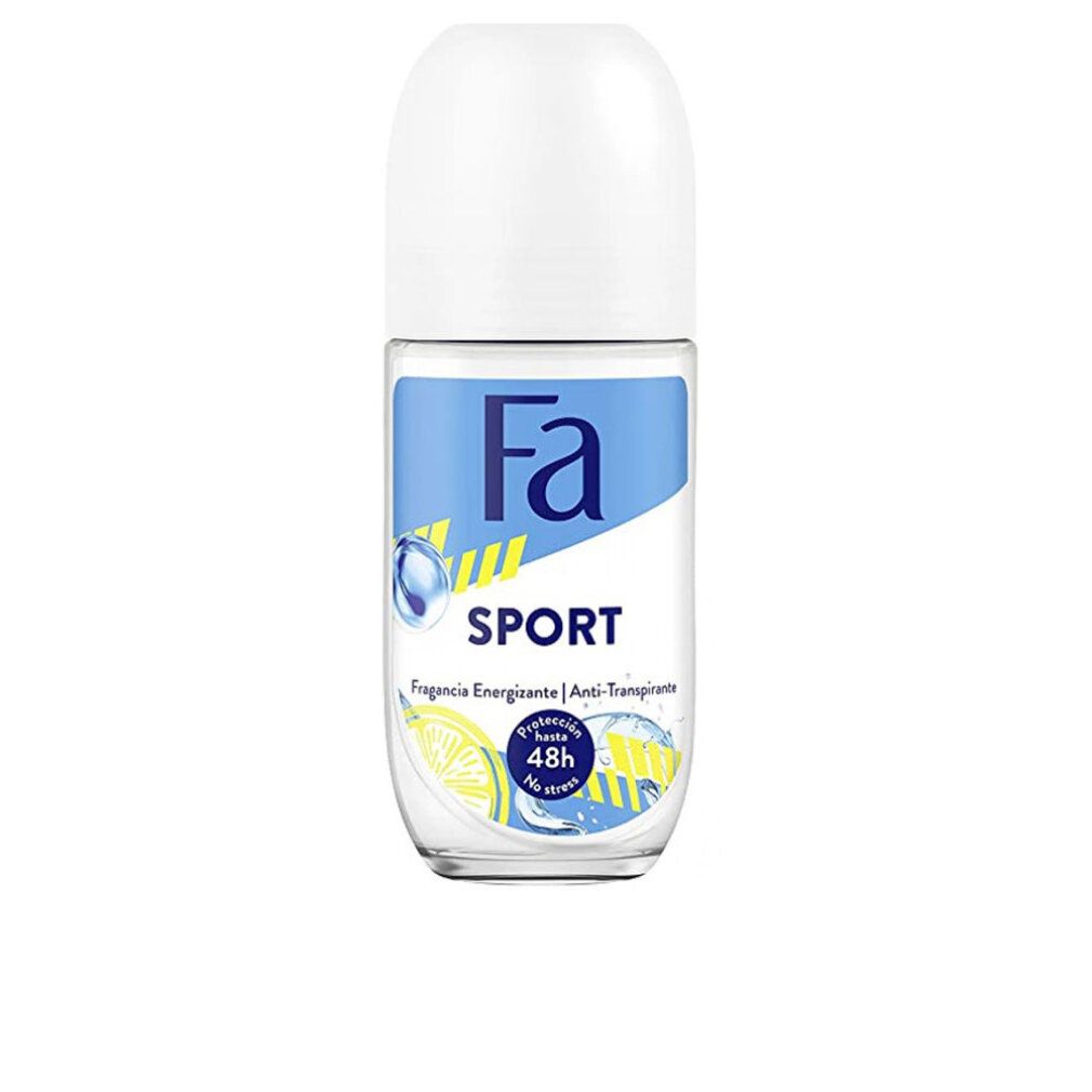 Deodorante roll-on Fa Sport con tappo bianco. Scritta: Protezione 48h, anti-traspirante. Grafica limone.