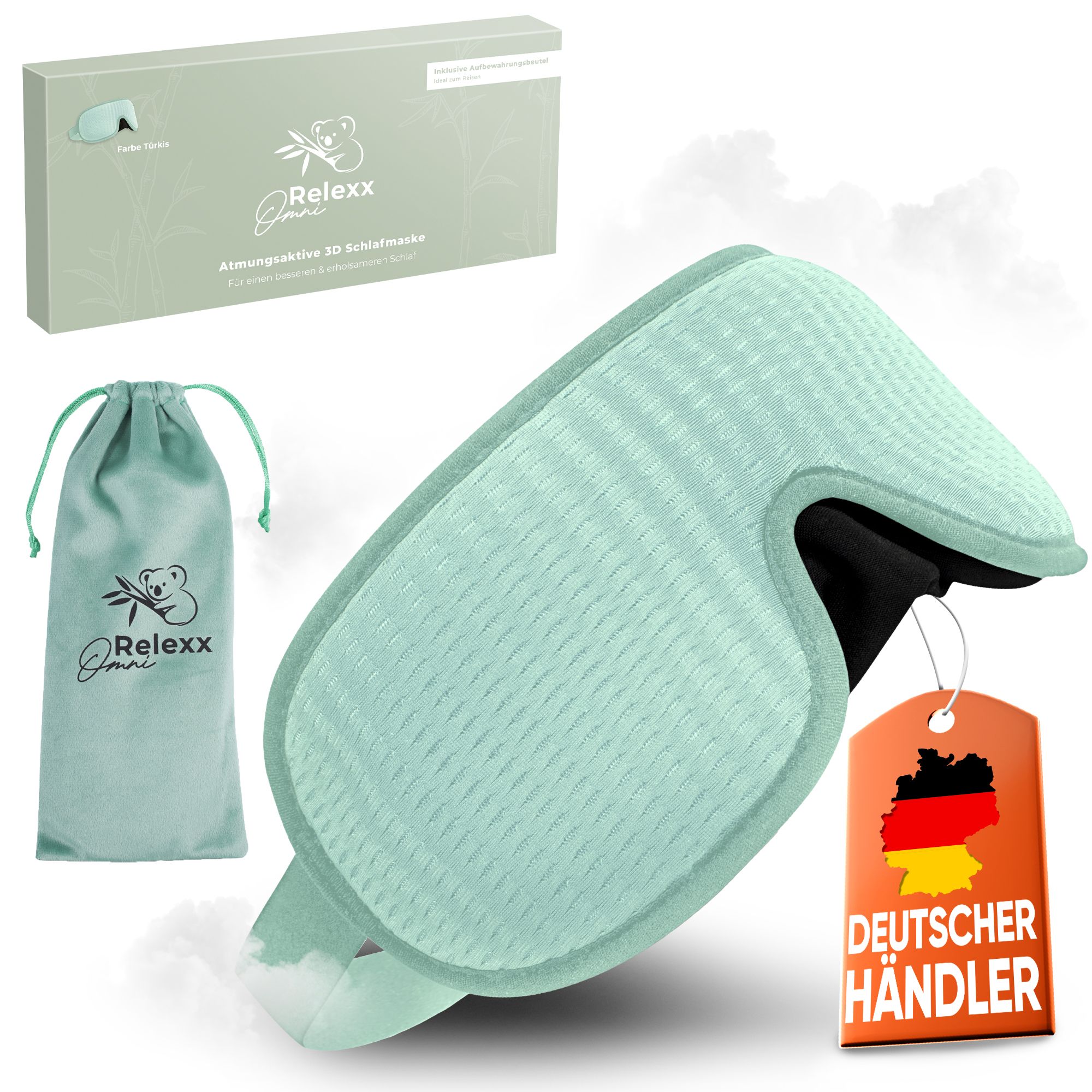 Maschera per dormire turchese, sacchetto da viaggio e confezione. Marchio: OMNIRELEXX®. Con etichetta rivenditore tedesco.