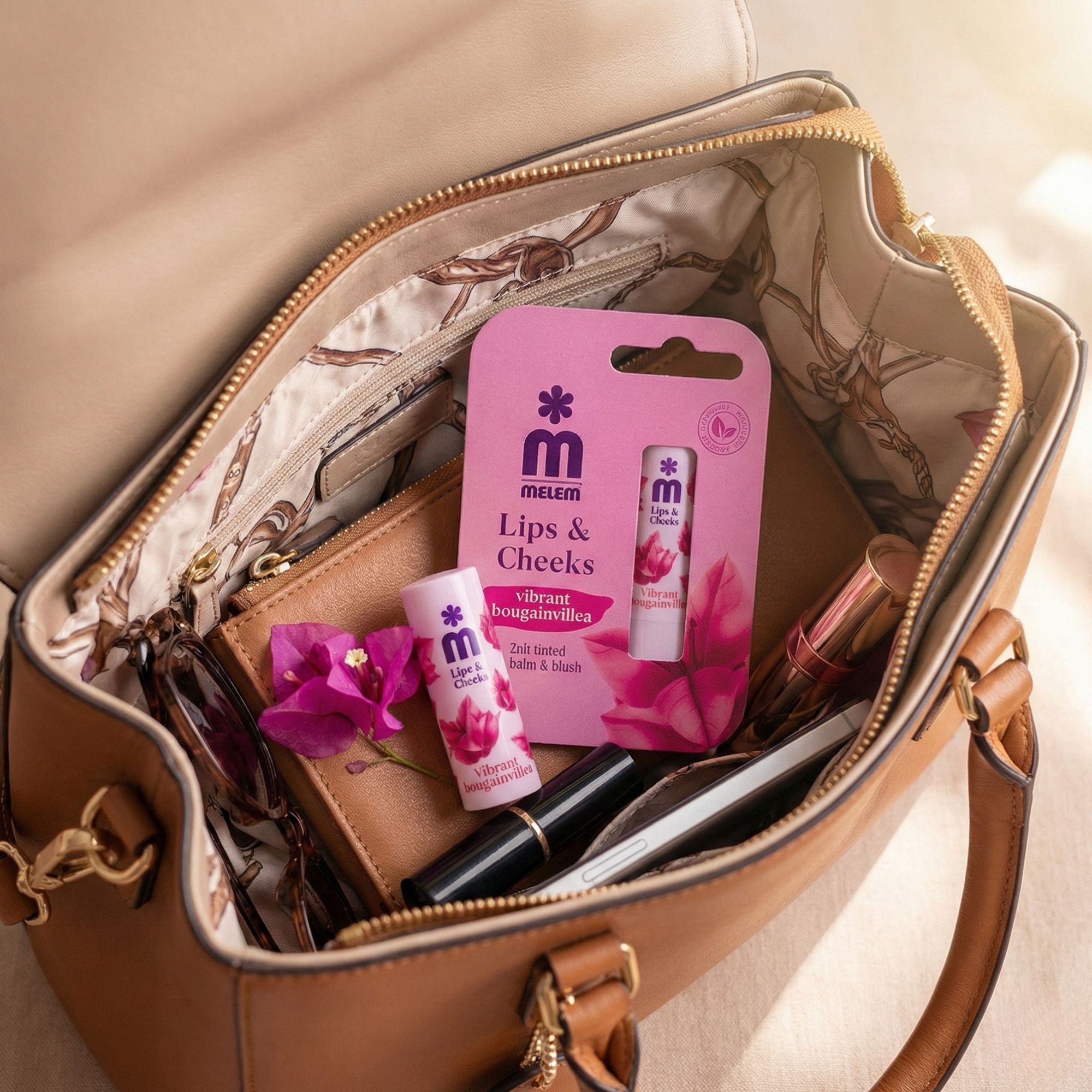 Confezione del prodotto e balsamo per le labbra in borsa. Altri cosmetici visibili. Nome prodotto: Melem Lips & Cheeks. Confezione con immagine del prodotto.