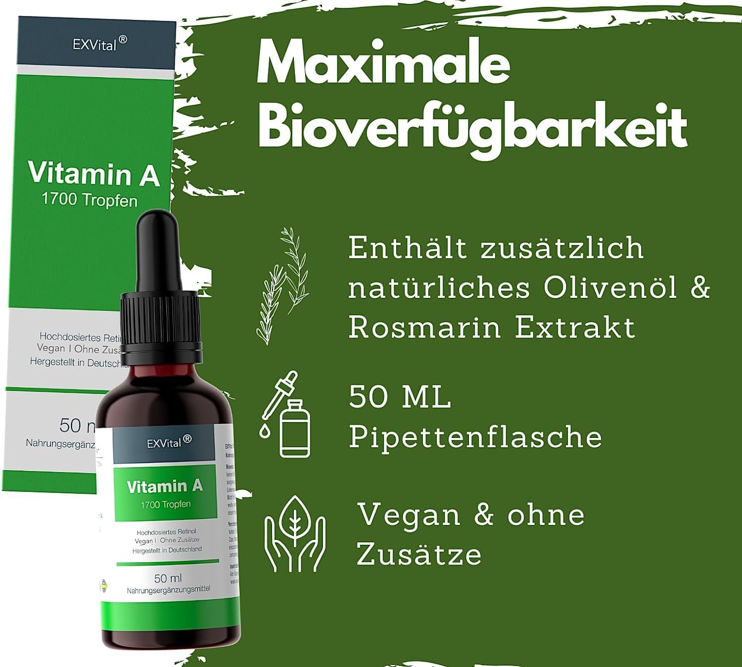 Gocce di vitamina A EXVital: flacone contagocce 50 ml, vegano, senza additivi.