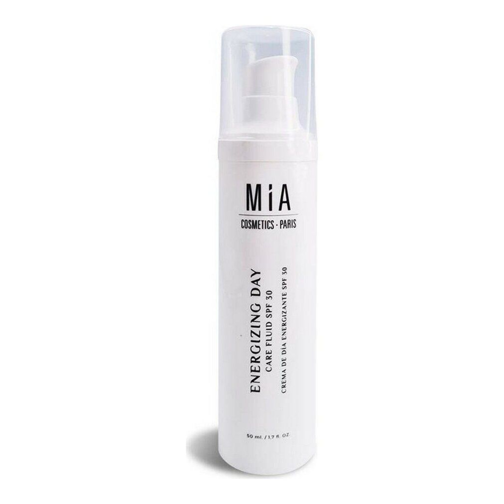 Flacone bianco con dosatore a pompa. Scritta: Mía Cosmetics, Energizing Day Care Fluid SPF 30. Nome prodotto e SPF.