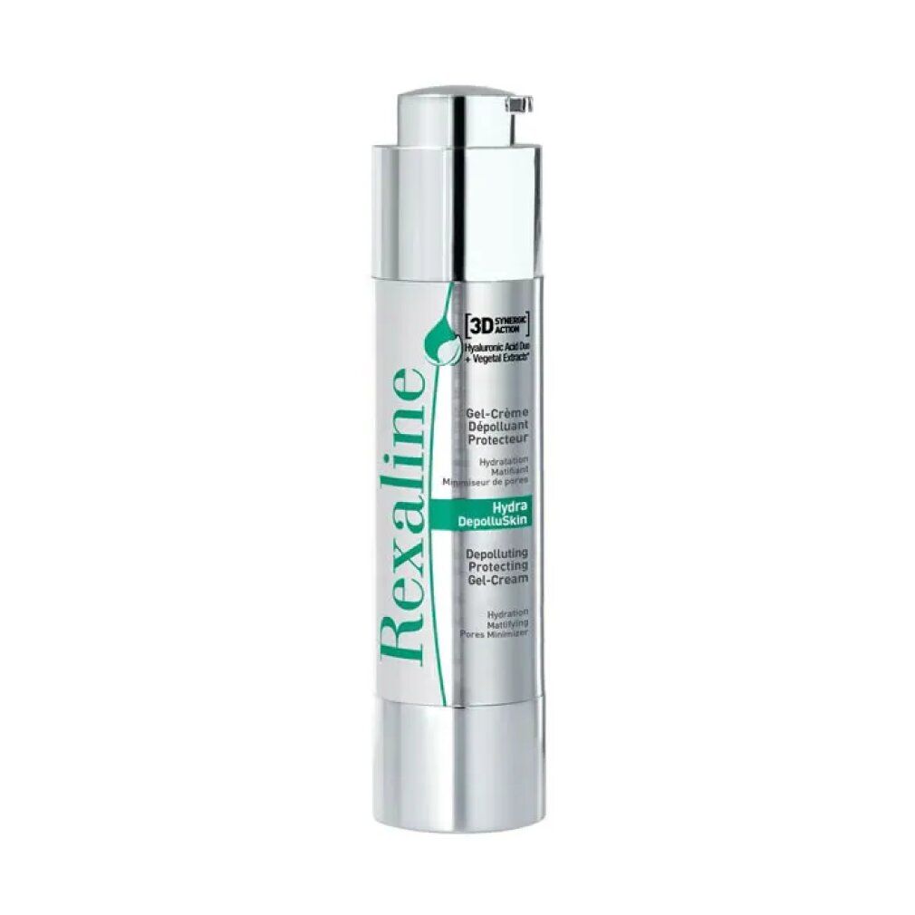 Flacone di crema argentato con scritta verde. Scritta: Rexaline, Gel-Crème Dépolluante Protectrice, Hydra Dépolluante, Anti-Âge.