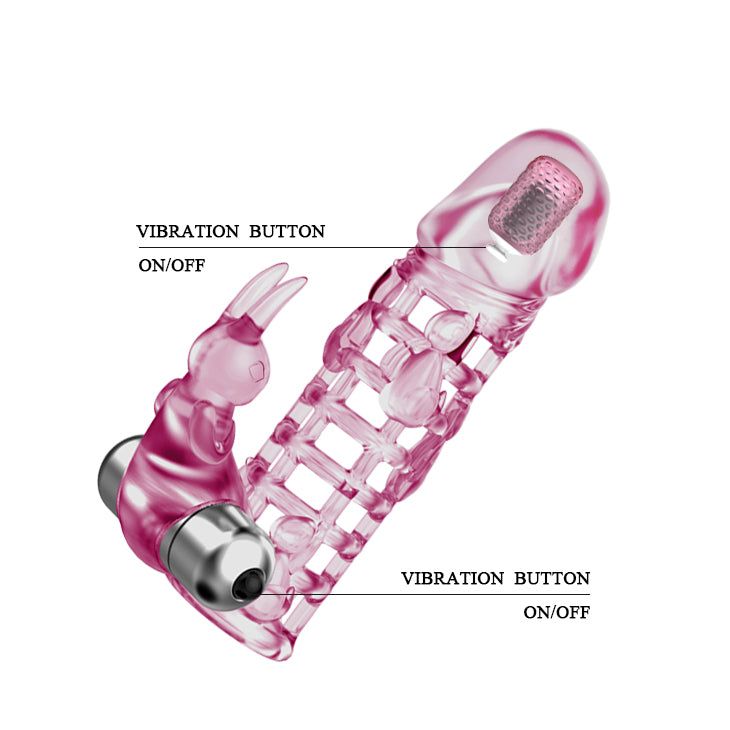 Prolunga peniena rosa con funzione vibrante. Etichetta: Vibration Button On/Off.