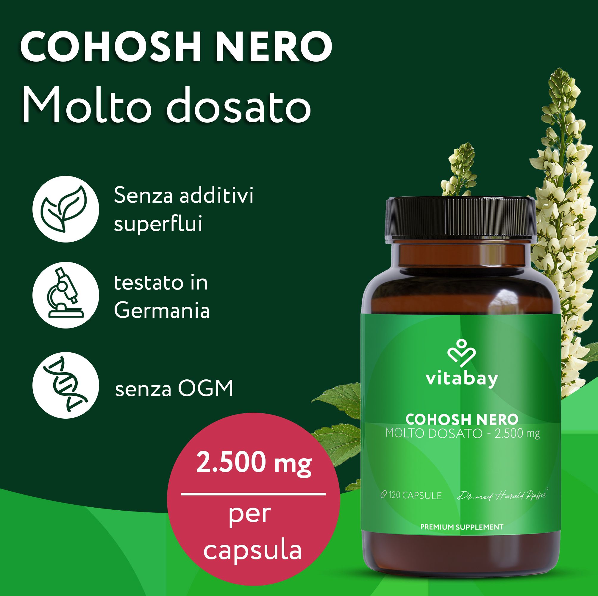 Bottiglia Vitabay Cohosh Nero, con testo "2.500 mg per capsula".