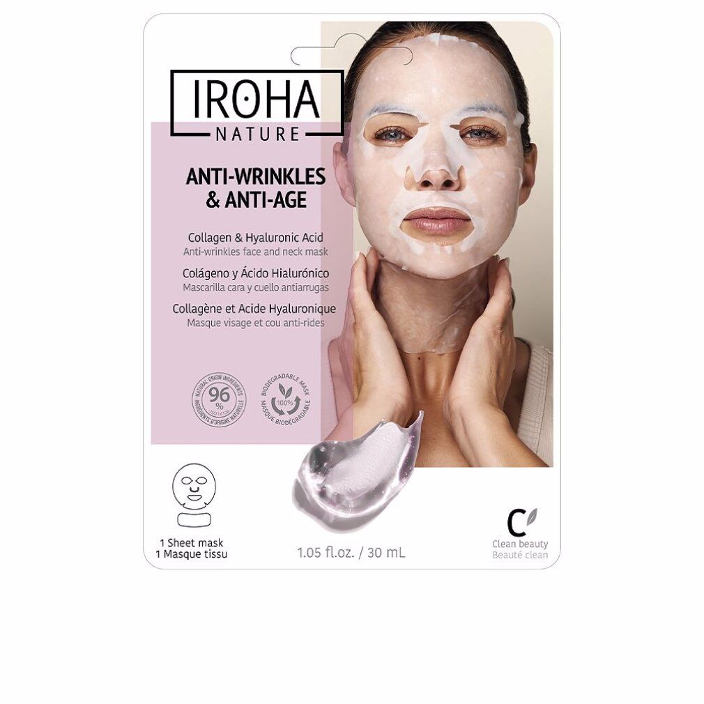 Maschera viso con modella. Confezione con immagine del prodotto e modella. Marca Iroha Nature, collagene + acido ialuronico. 1 Sheet mask.