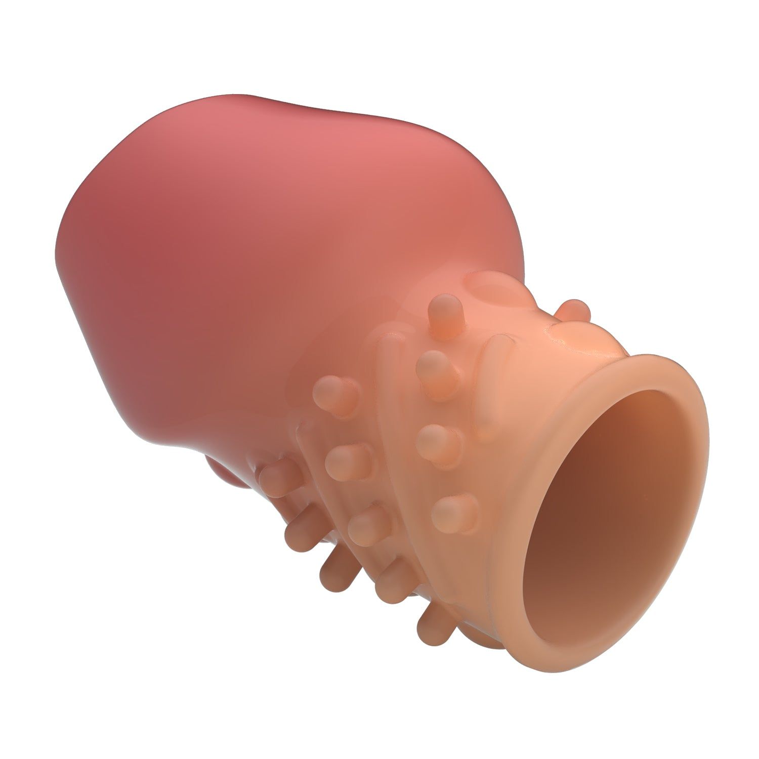 Prodotto cilindrico bicolore, rosa e beige. Superficie con borchie e protuberanze. Apertura superiore inclinata.