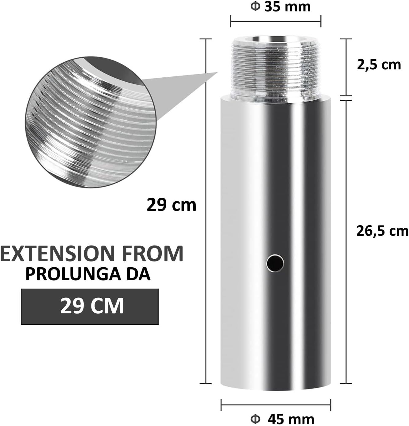 Prolunga per palo da danza. Dimensioni: 29 cm di lunghezza, diametri 35 mm e 45 mm. Attacco filettato. Testo: "EXTENSION FROM PROLUNGA DA 29 CM".