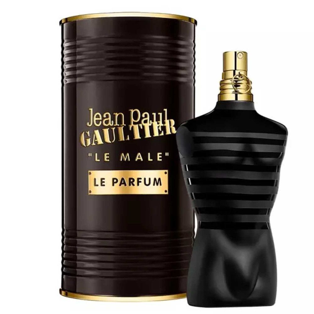 Flacone nero a forma di torso con tappo dorato e confezione cilindrica. Scritta: Jean Paul Gaultier, Le Male Le Parfum.