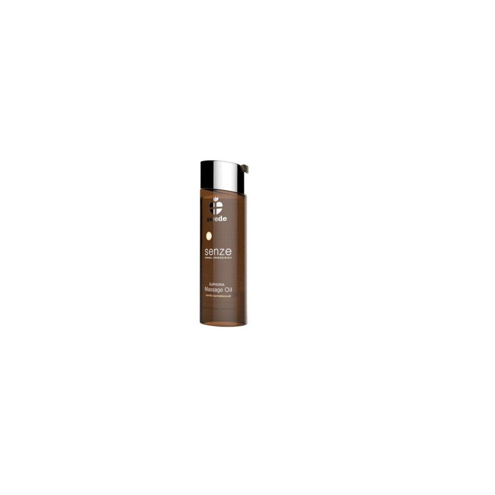Flacone marrone con tappo argentato. Scritta: senze, Euphoria Massage Oil, vanilla sandalwood.