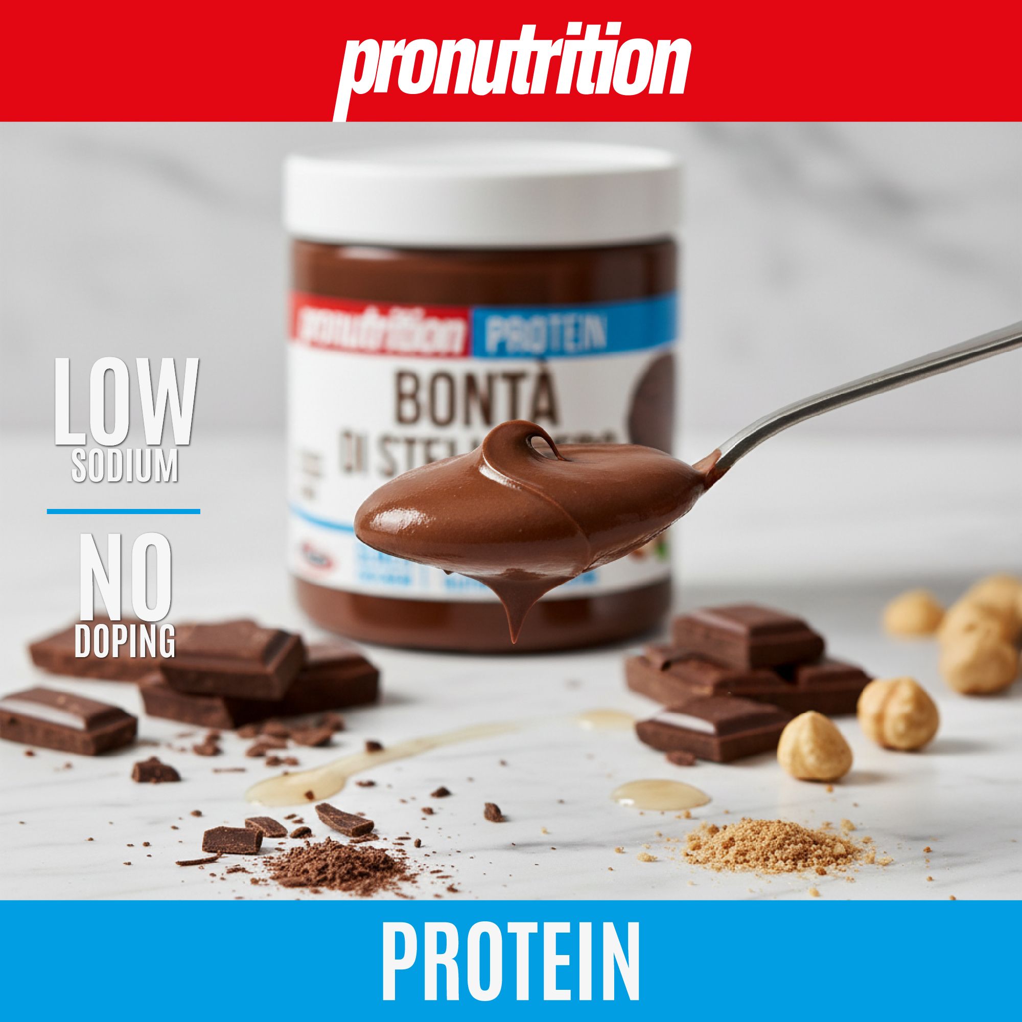 Cucchiaio di crema proteica. Barattolo di crema proteica, Bontà di Stelle Zero. Scritta: Senza zuccheri, senza glutine, 25% proteine.