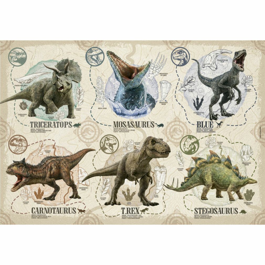 Puzzle con dinosauri. Sei illustrazioni di dinosauri con nomi. Sfondo beige e marrone.