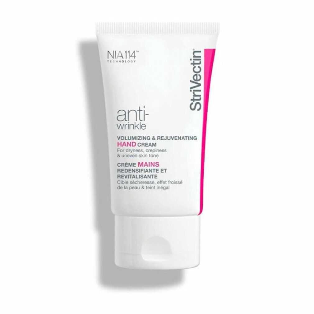 Tubo bianco con dettagli rosa. Testo: Anti-Wrinkle, Hand Cream, Strivectin. Prodotto per pelle secca.