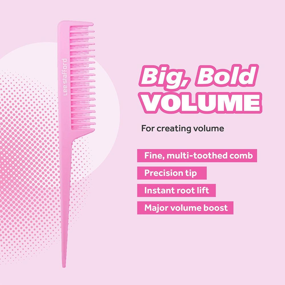 Un pettine rosa con denti fini e coda appuntita, accanto a testo che descrive la creazione di volume.