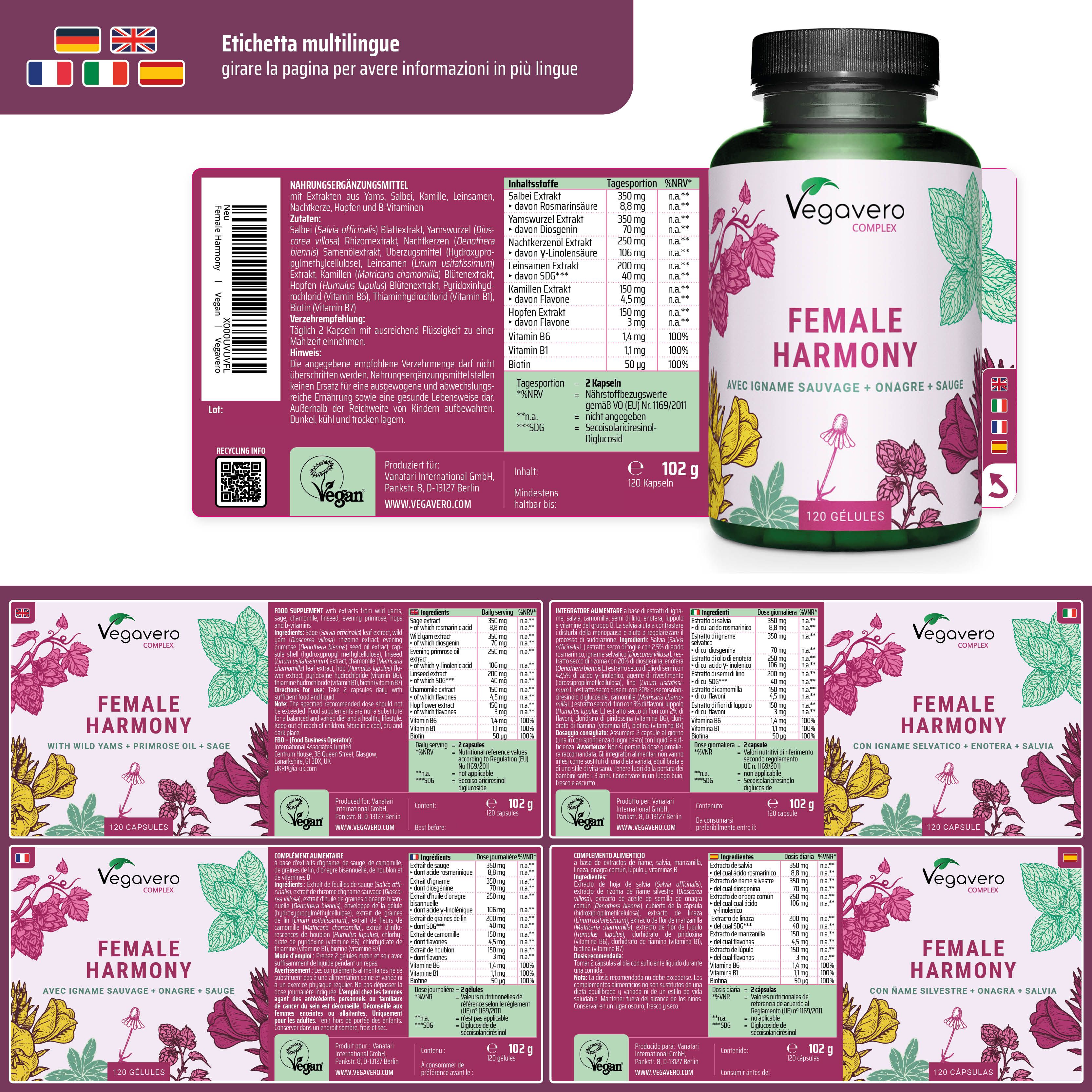 Etichetta multilingue con informazioni. Flacone Female Harmony. Diverse etichette con ingredienti.