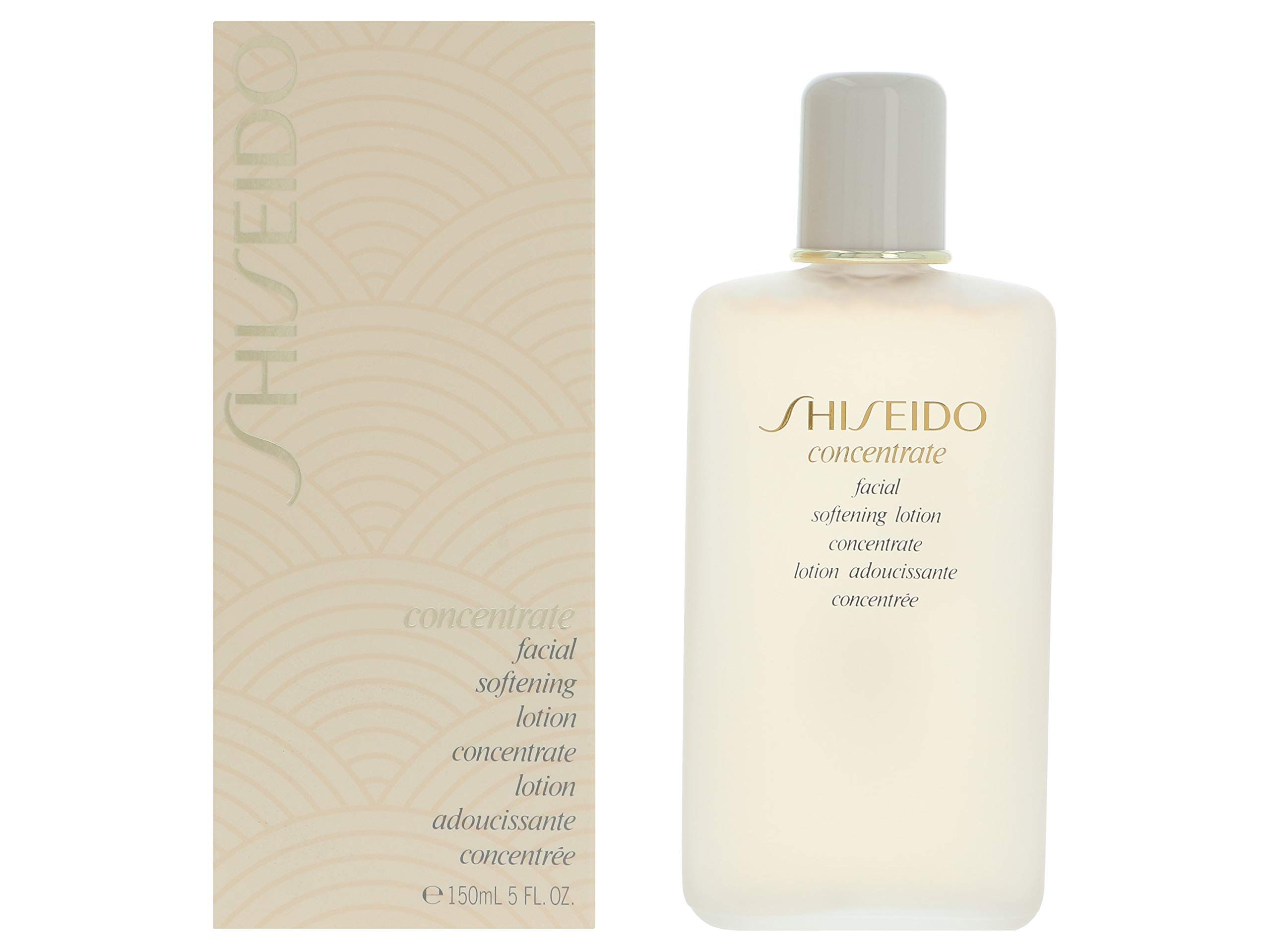 Flacone e confezione. Flacone: Beige, tappo bianco. Confezione: Beige, Shiseido. Scritta: Concentrate, softening lotion, 150ml.