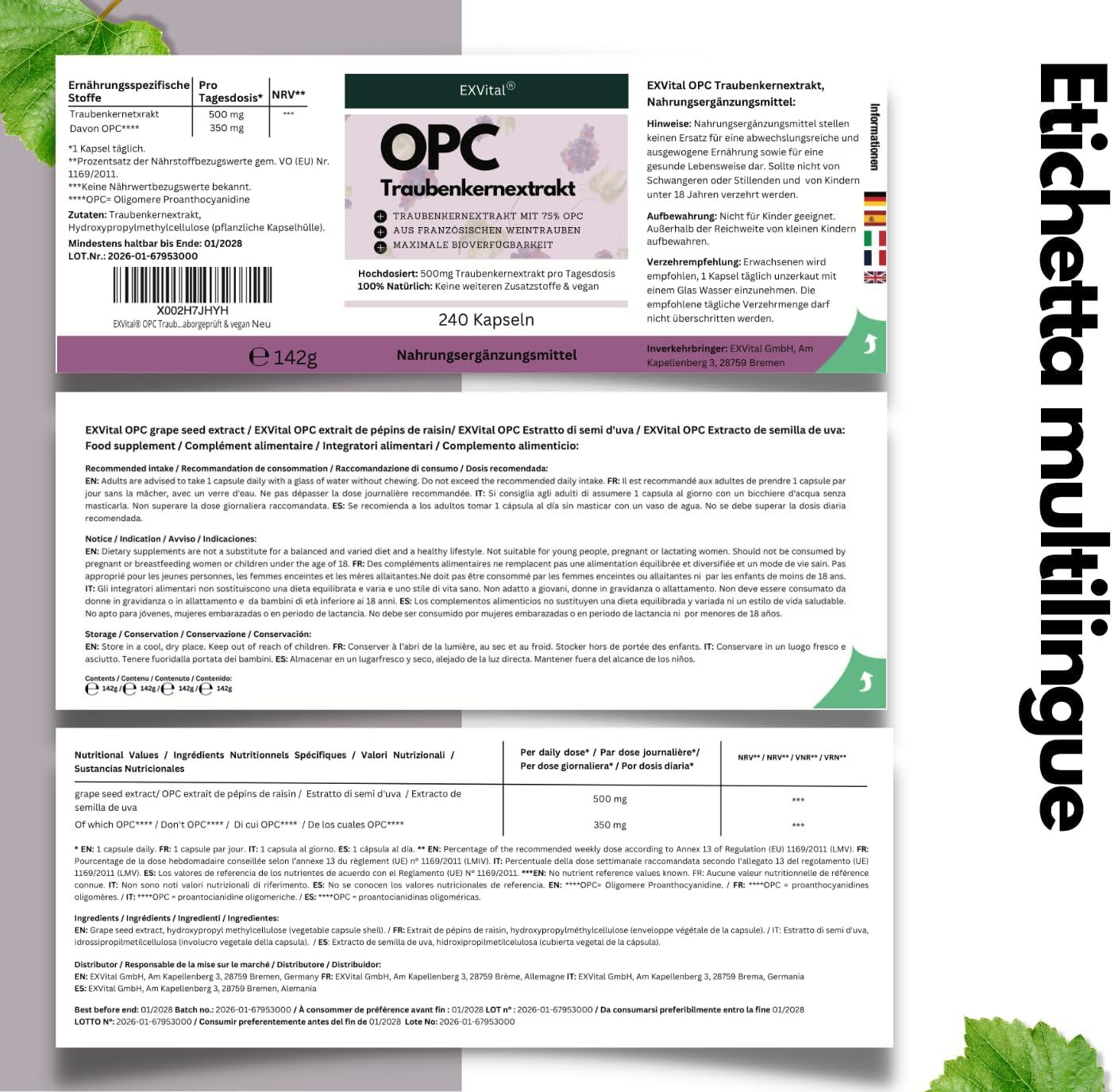 Flacone EXVital OPC estratto di semi d'uva con capsule, uva e foglia.