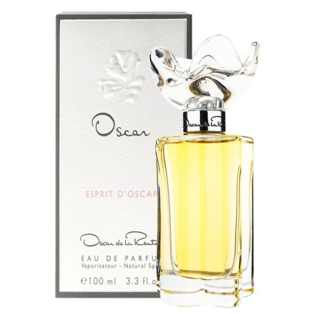 Flacone di profumo e scatola. Flacone con tappo a forma di fiore. Scritta: Oscar, Esprit d'Oscar, Eau de Parfum.