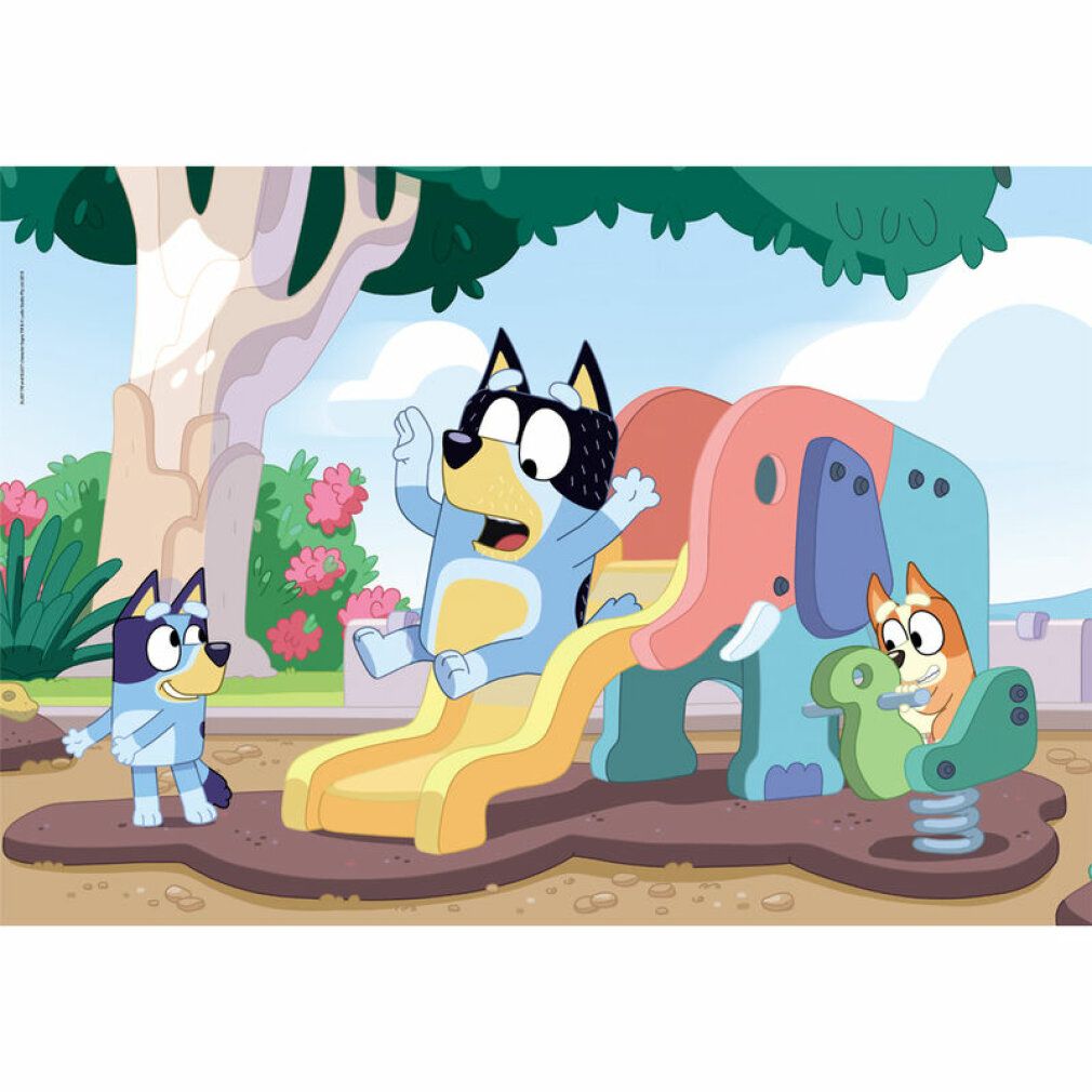 Puzzle con Bluey. Scena con personaggi in un parco giochi. Illustrazione colorata con albero e giochi.
