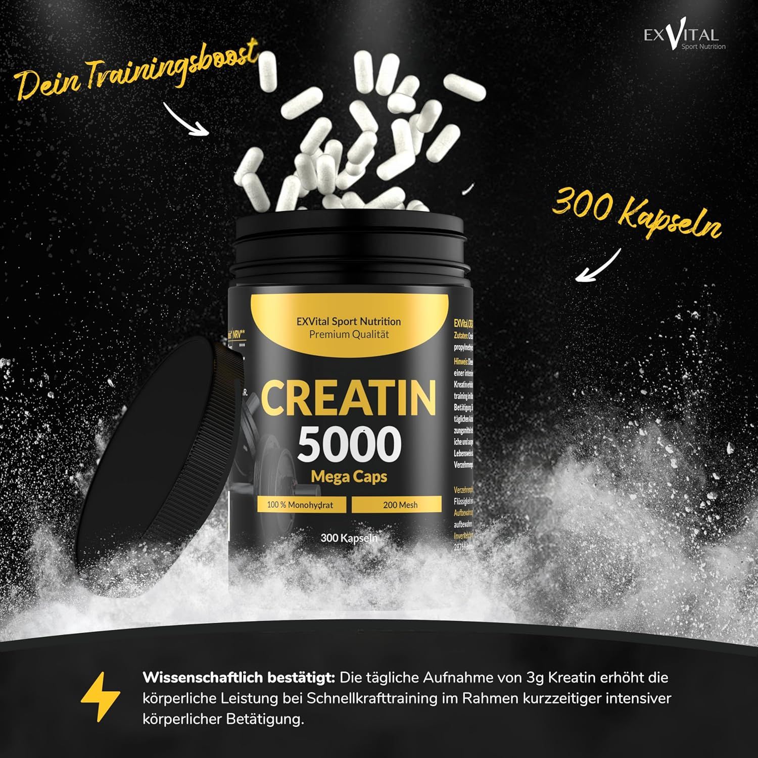 Barattolo nero con etichetta gialla. Scritta: Creatina 5000 Mega Caps. 300 capsule. Capsule bianche che escono dal barattolo.