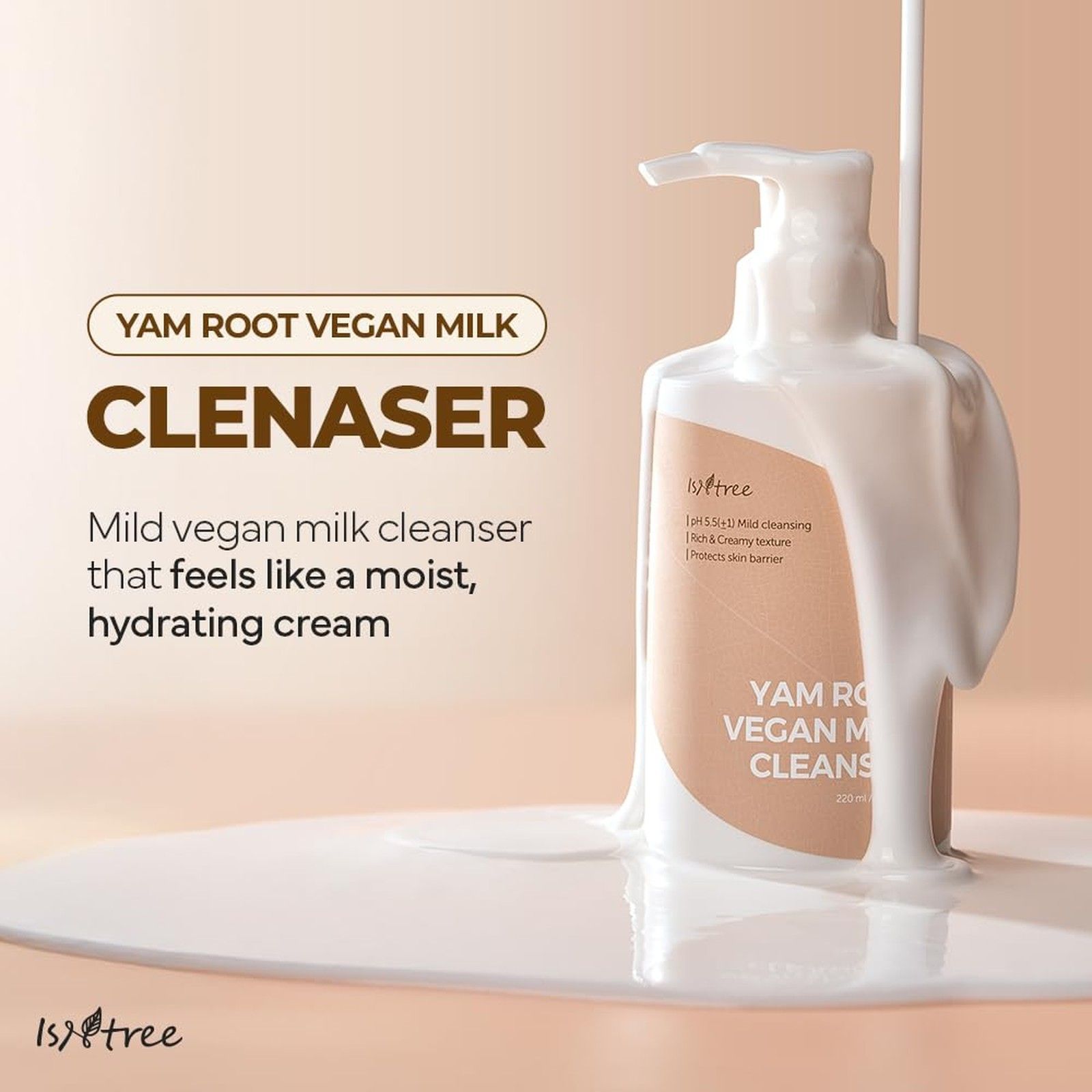 Flacone di detergente latte vegano alla radice di igname con latte che fuoriesce, delicato e idratante.