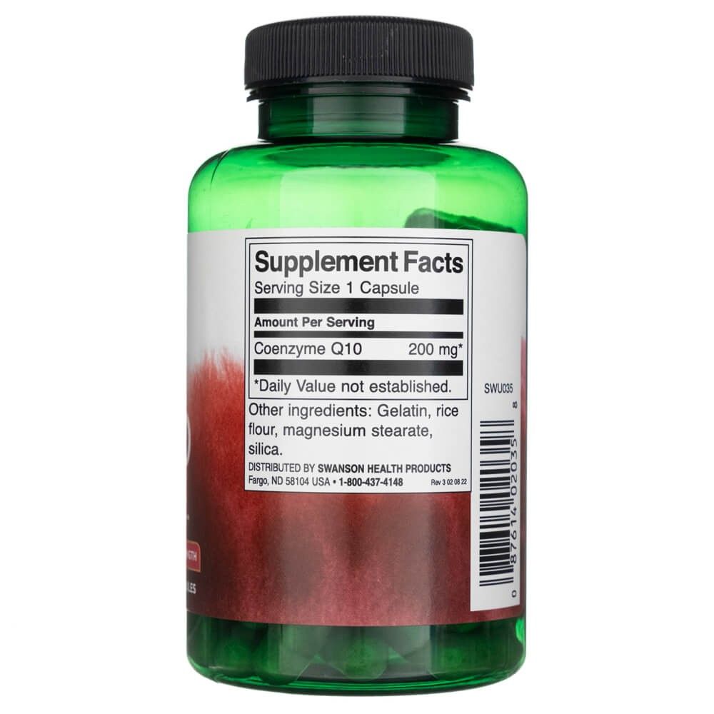 Retro di un flacone verde con etichetta Supplement Facts che indica Coenzima Q10 200 mg.