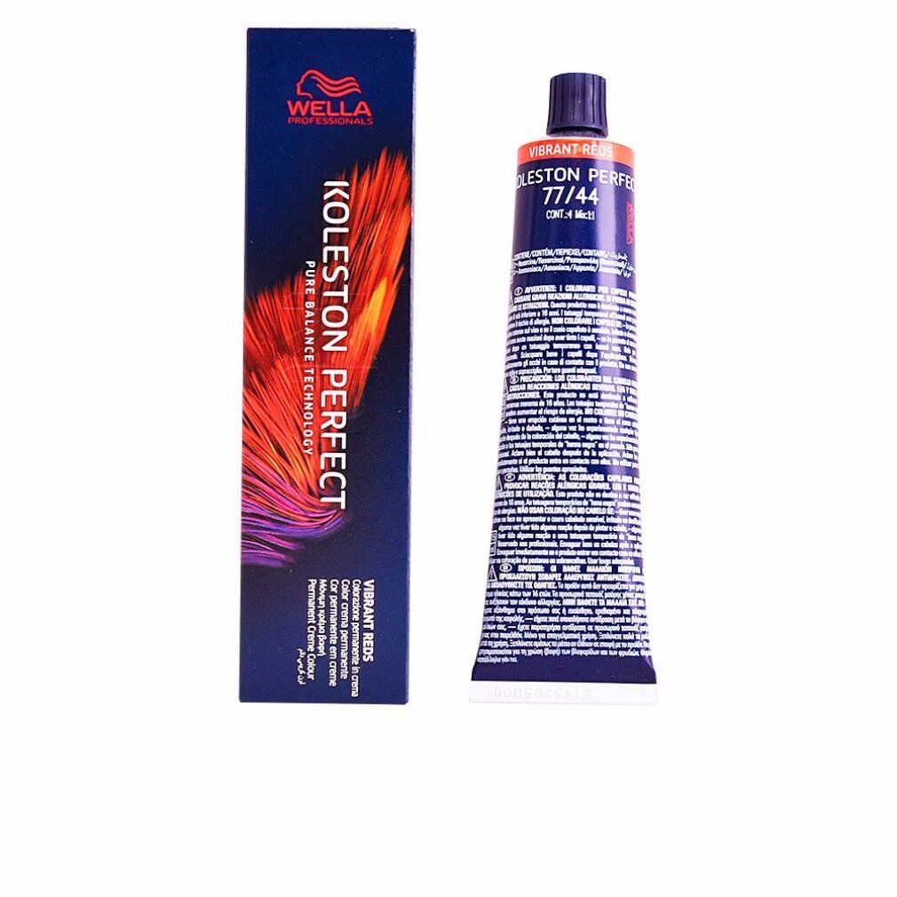 Tubo e scatola di tinta per capelli. Tubo con scritta Koleston Perfect 77/44. Scatola con logo e nome del prodotto.
