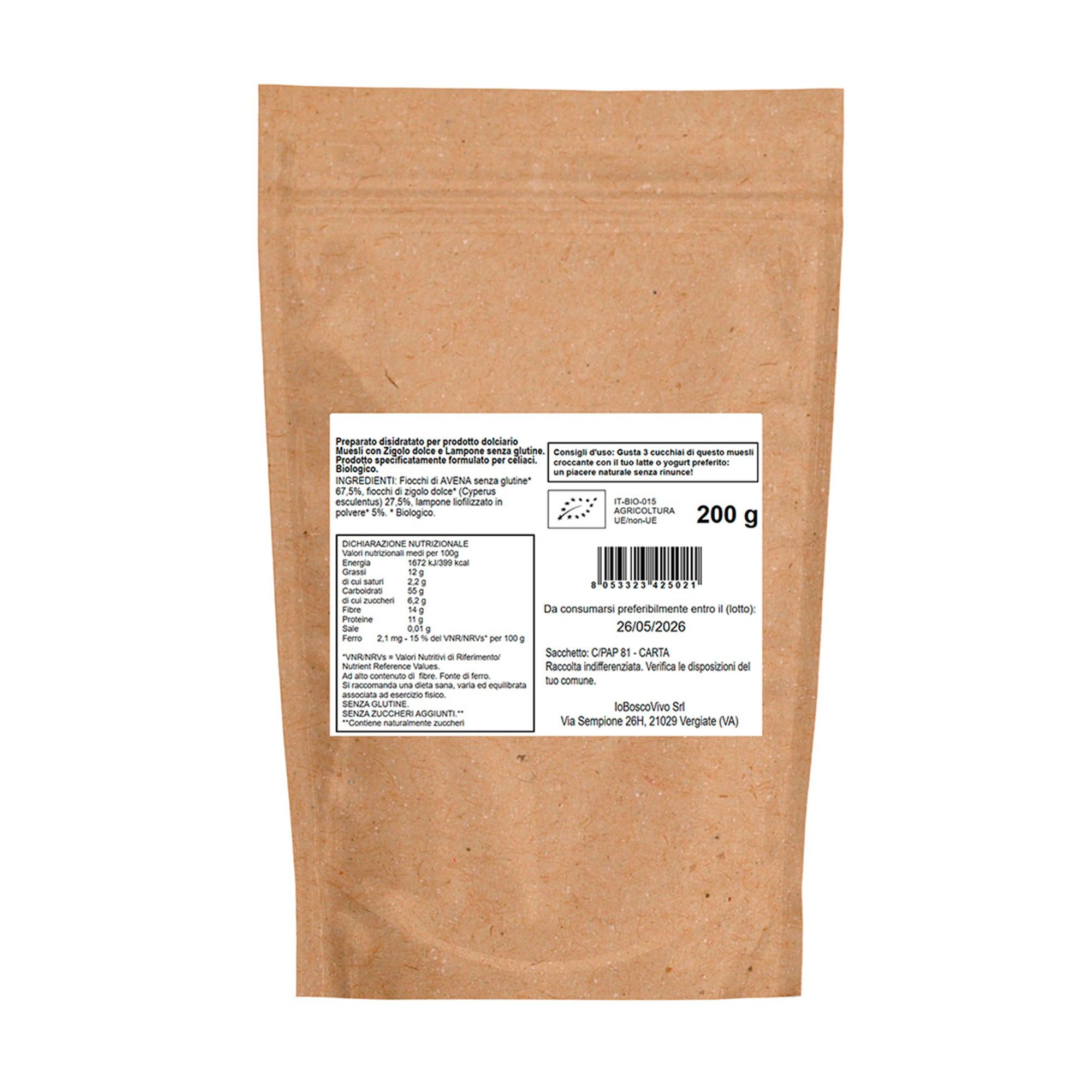 IoBoscoVivo Muesli Croccante Bio Avena Chufa e Lampone Senza Glutine Senza Zuccheri aggiunti