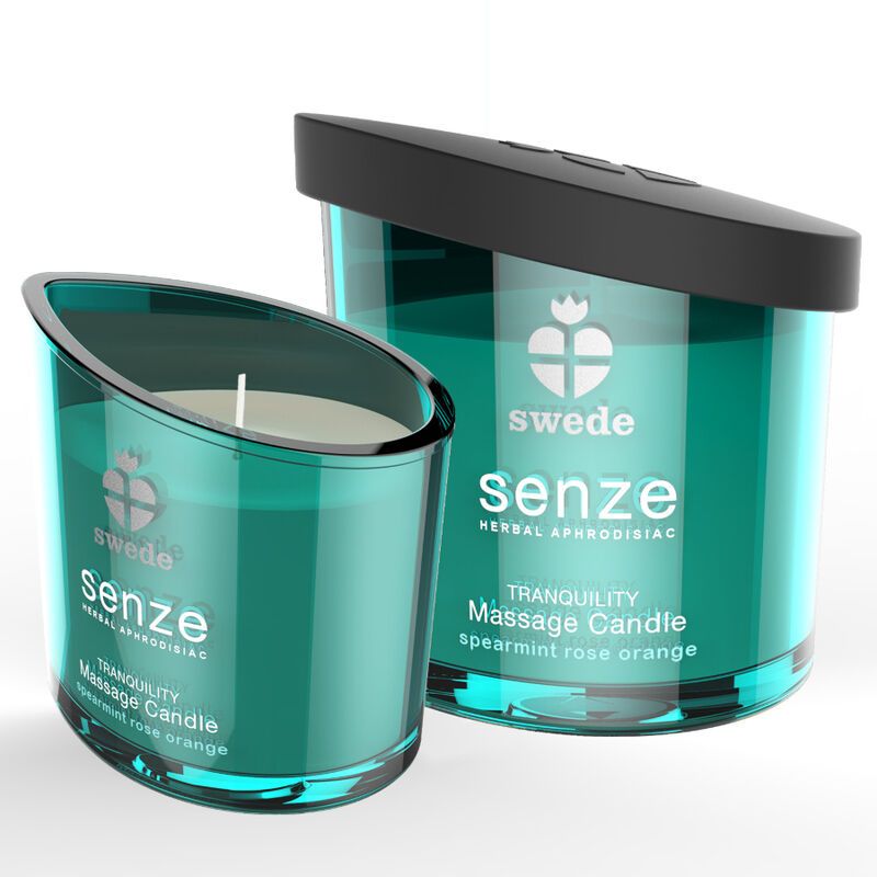Due candele verdi con coperchi neri. Scritta: Swede Senze Herbal Aphrodisiac, Tranquility Massage Candle.