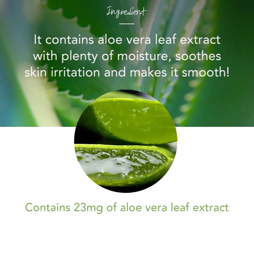 Immagine ravvicinata con aloe vera. Testo: Contiene 23 mg di estratto di foglie di aloe vera. Testo: Contiene estratto di foglie di aloe vera, rende la pelle liscia.