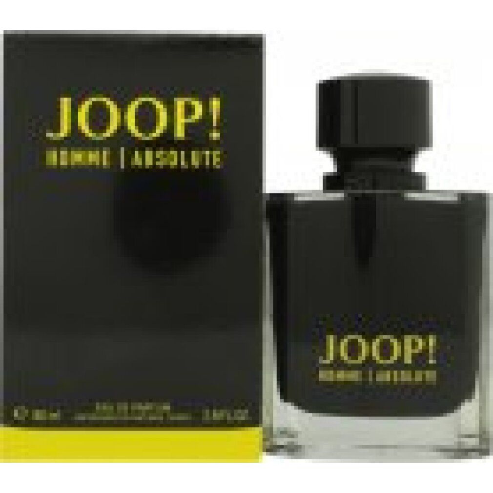Scatola nera e flacone. Scritta gialla: JOOP! HOMME | ABSOLUTE. Flacone: nero, rettangolare. Scatola: rettangolare, dettagli gialli.