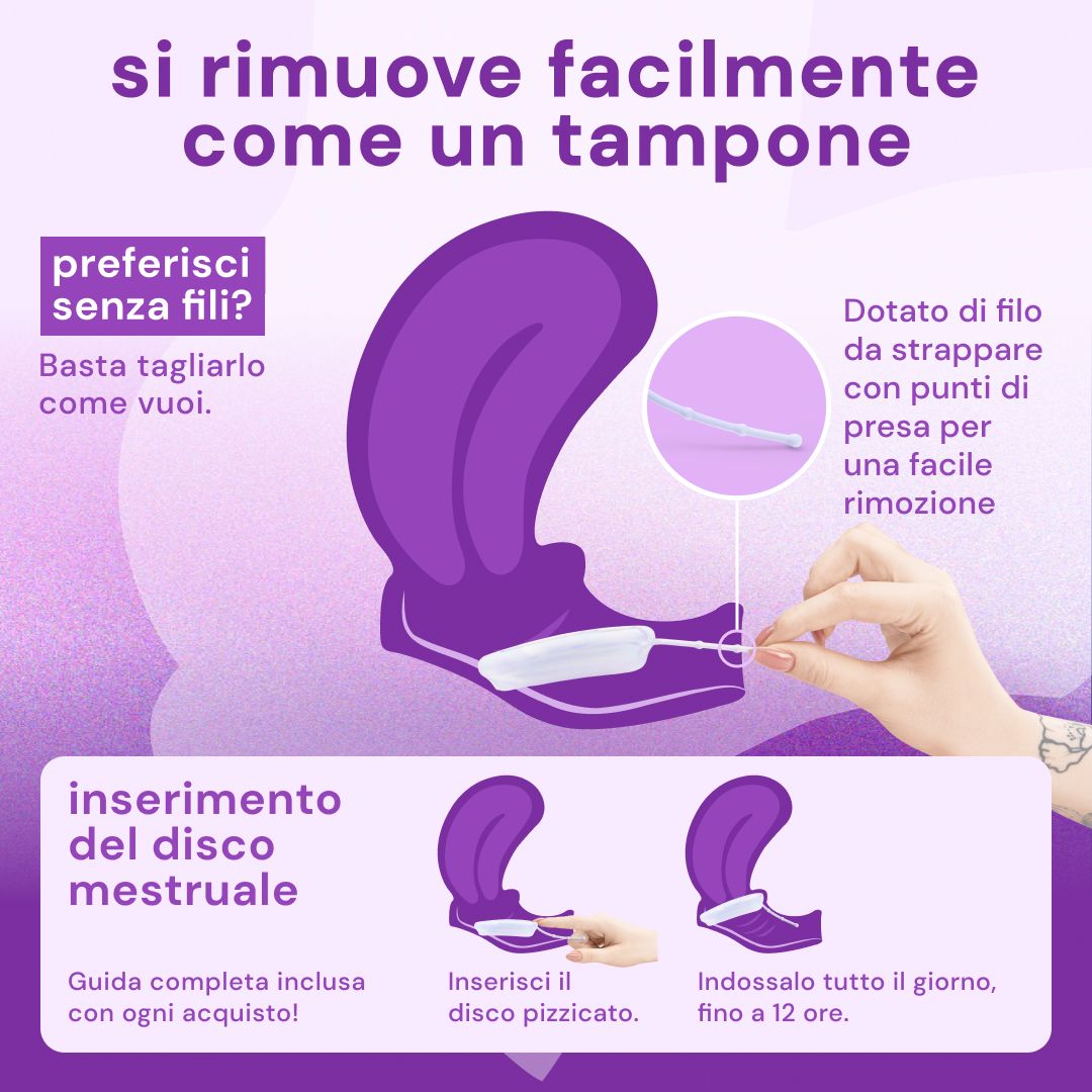 Dischi mestruali viola (S/L) nella custodia.