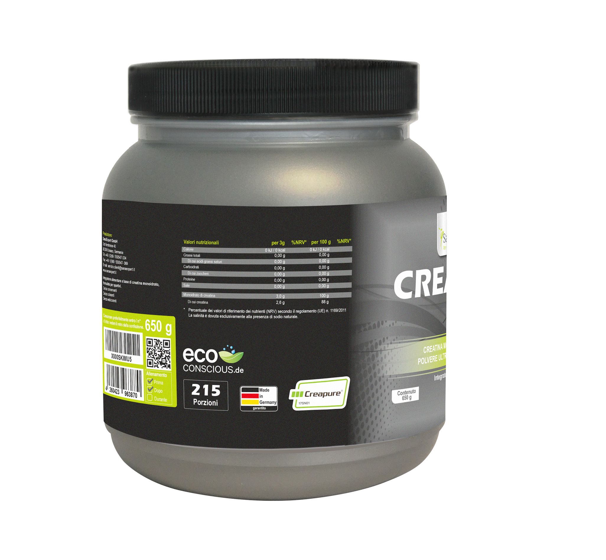 Barattolo grigio con coperchio nero. Scritta: Creatine Pro. Retro con informazioni nutrizionali e codice a barre. 650g.