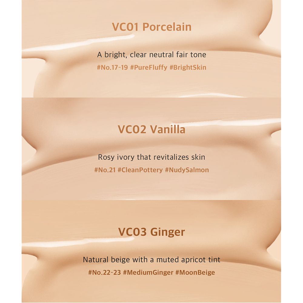 Tre tonalità di BLACK ROUGE Thin Layer Velour Cushion Foundation: VC01 Porcelain, VC02 Vanilla, VC03 Ginger. Descrizioni testuali.
