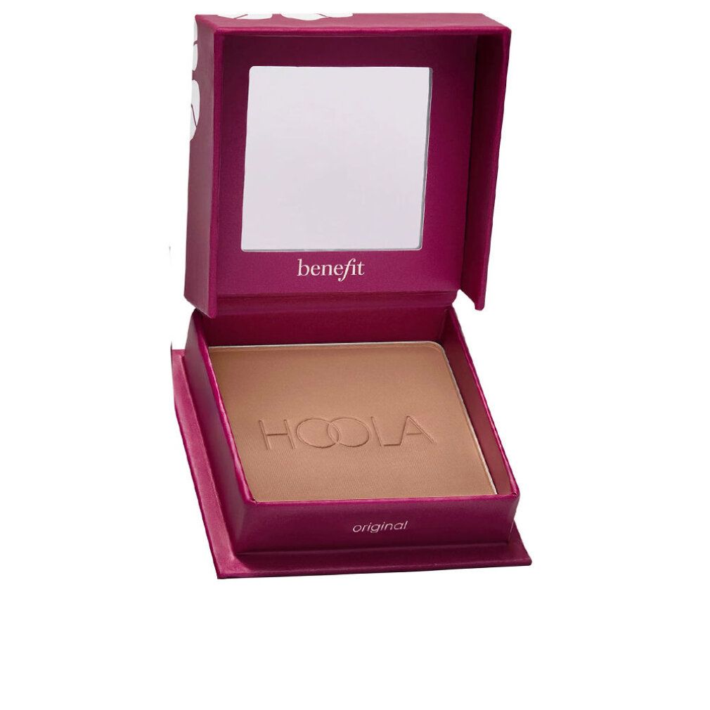 Confezione bronzer aperta. Bronzer con scritta Hoola. Specchio nel coperchio. Confezione rosa.