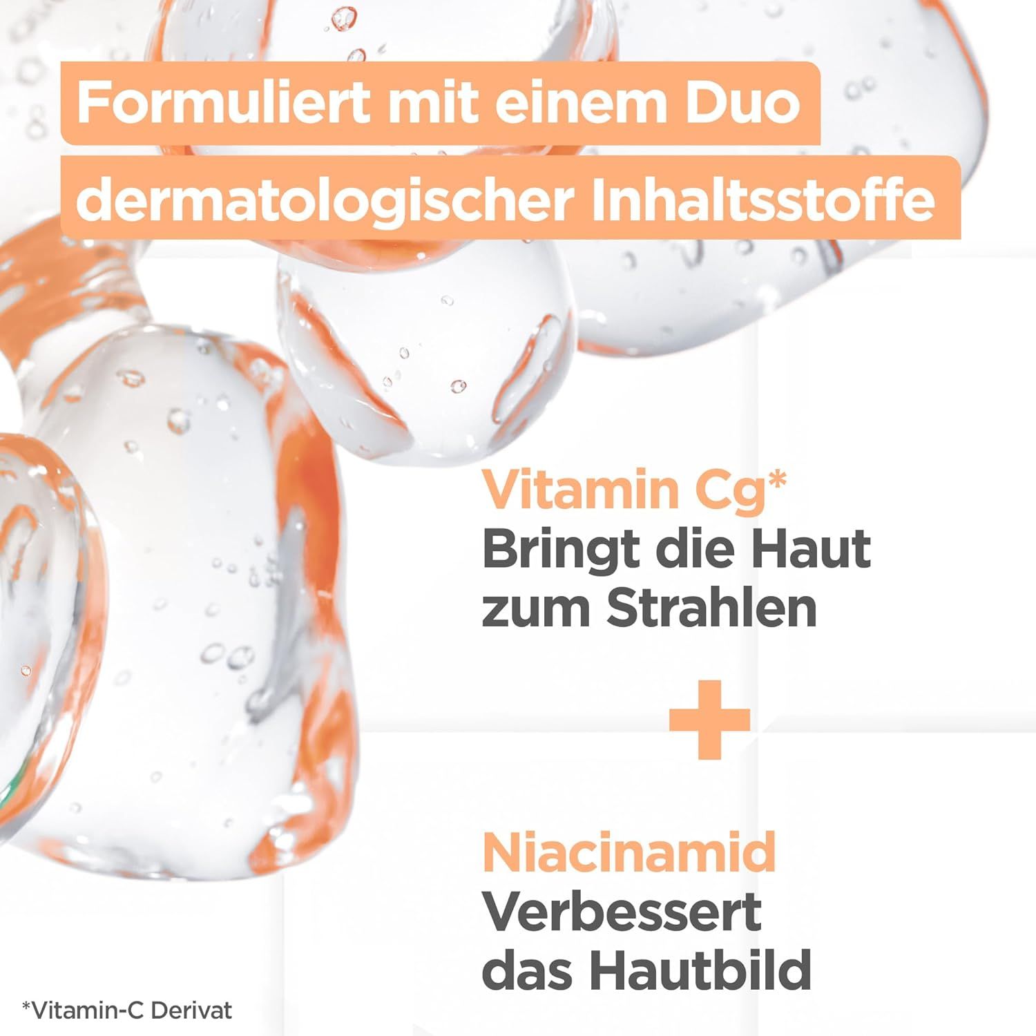 Illustrazione di gocce d'acqua. Testo: Formulato con ingredienti dermatologici. Vitamina Cg e Niacinamide.
