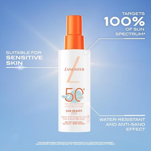 Flacone spray bianco con vaporizzatore arancione. Scritta: Lancaster, 50 SPF, Sun Beauty Kids. Testo: Resistente all'acqua.