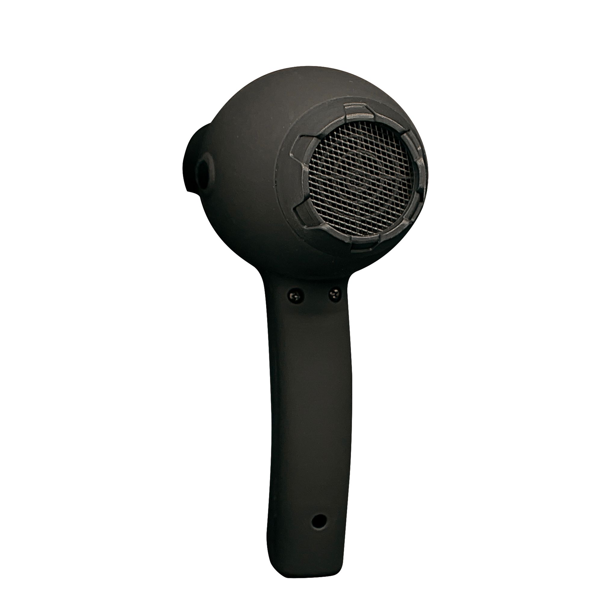 Asciugacapelli nero, primo piano. Con manico e ugello.