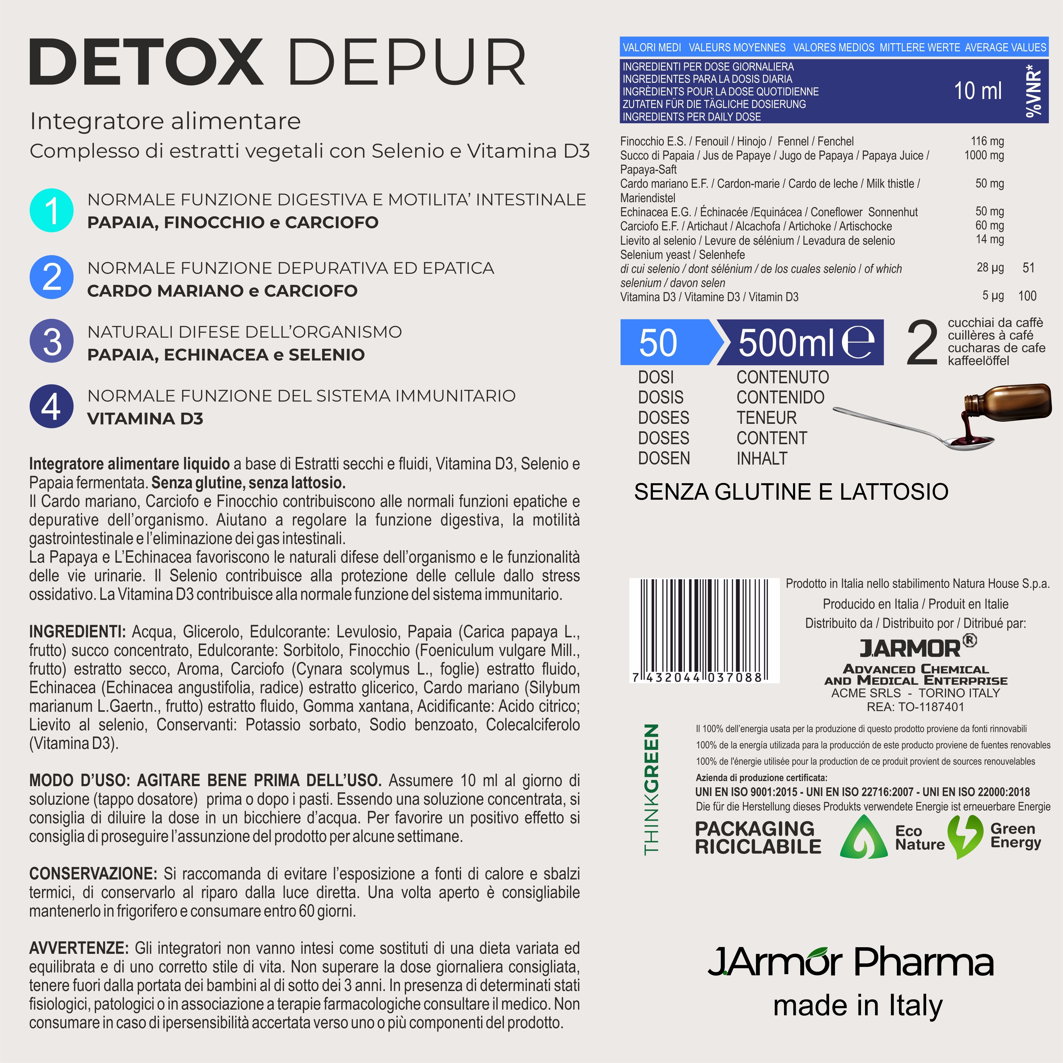 Etichetta del prodotto con ingredienti e istruzioni. Testo: 50 dosi, 500 ml, senza glutine e lattosio.