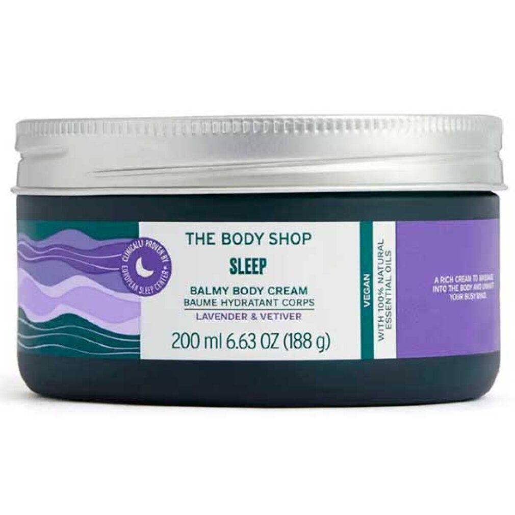Vaso blu scuro con coperchio argentato. Scritta: Sleep, Balmy Body Cream, Lavender & Vetiver. 200 ml. Vegano.