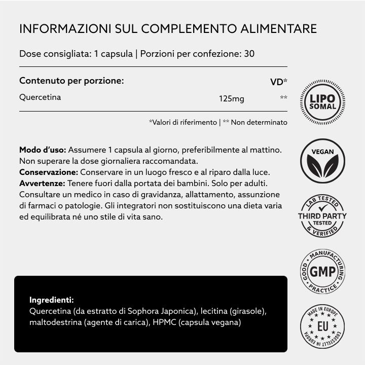 Informazioni sugli integratori alimentari in italiano. Contiene: Quercetina 125mg, vegano, testato in laboratorio, GMP. Flacone 30 capsule.