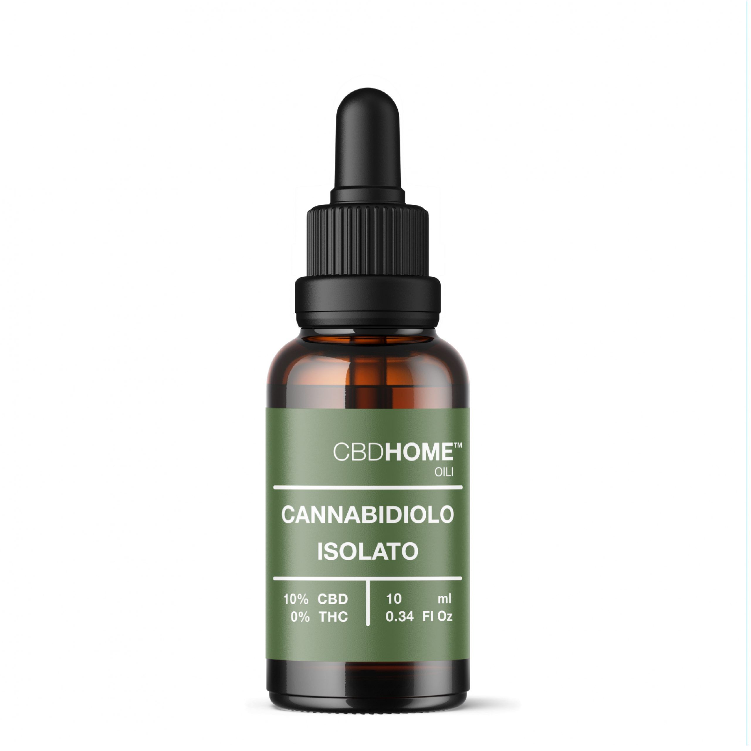 Olio di isolato di CBD al 10% in flacone di vetro marrone da 10ml con contagocce.