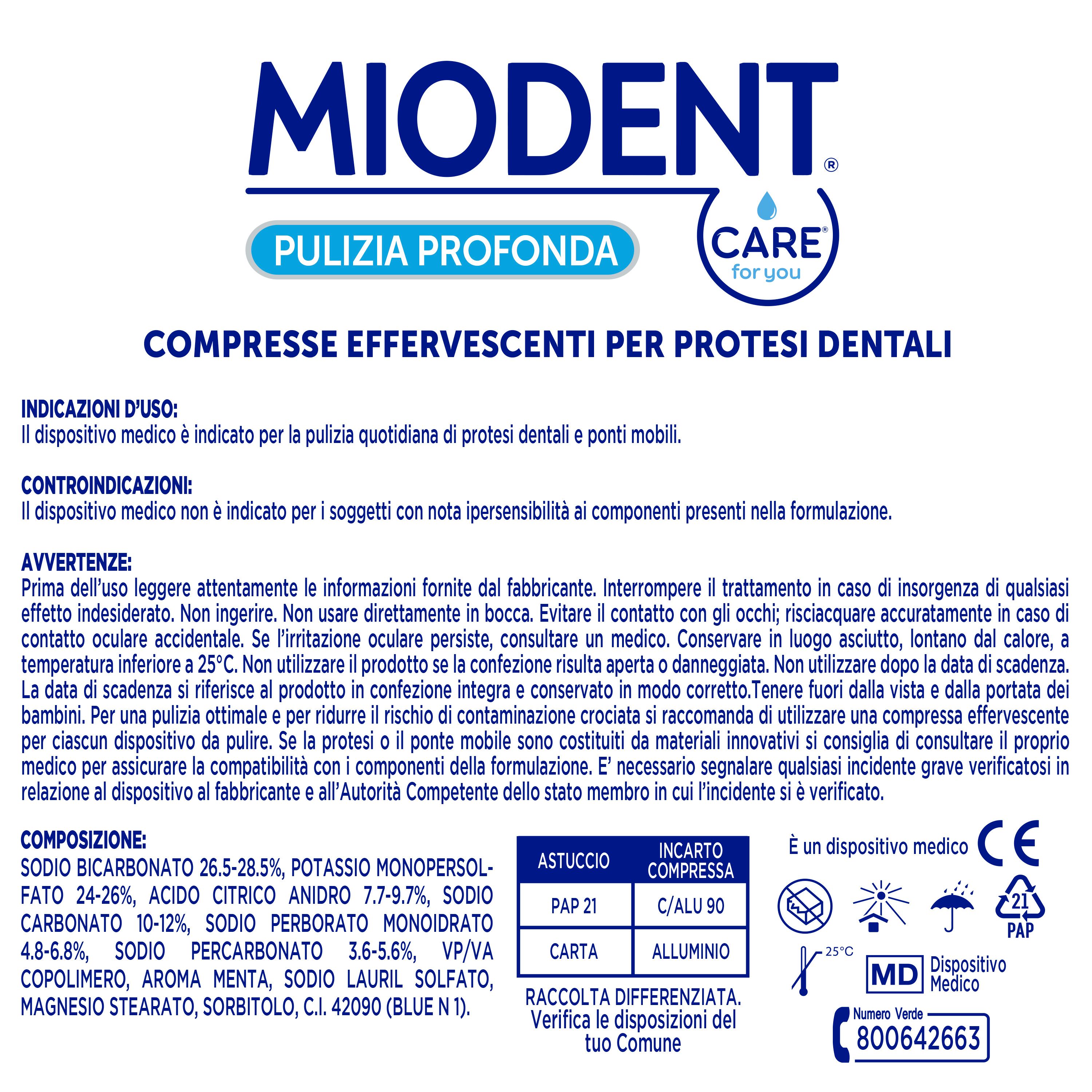 CARE for you MIODENT, Compresse Effervescenti per Protesi Dentali, Igiene in 3 Minuti, 56 Compresse